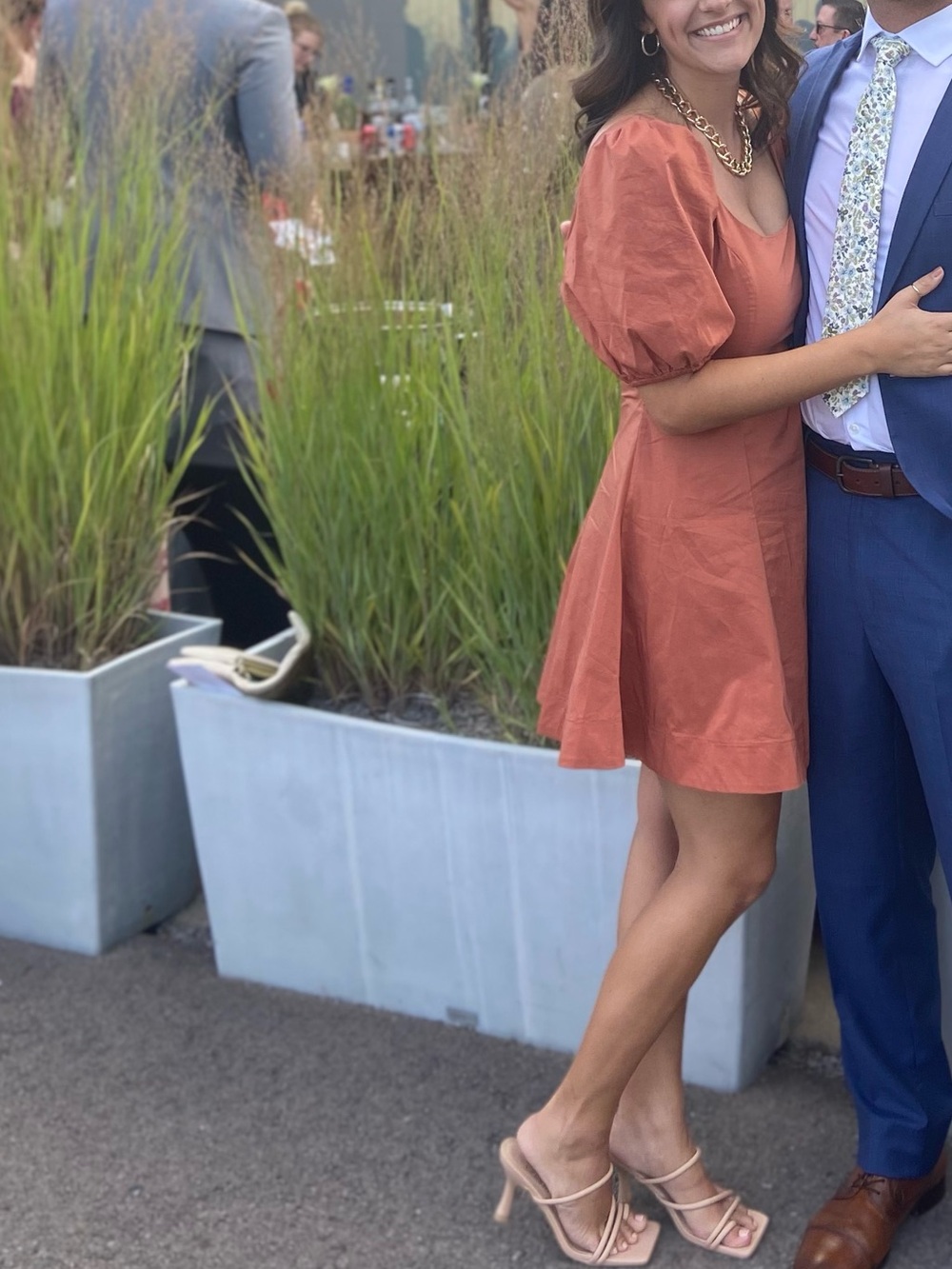 Square Neck Mini Puffy Sleeve Dress in Rust
